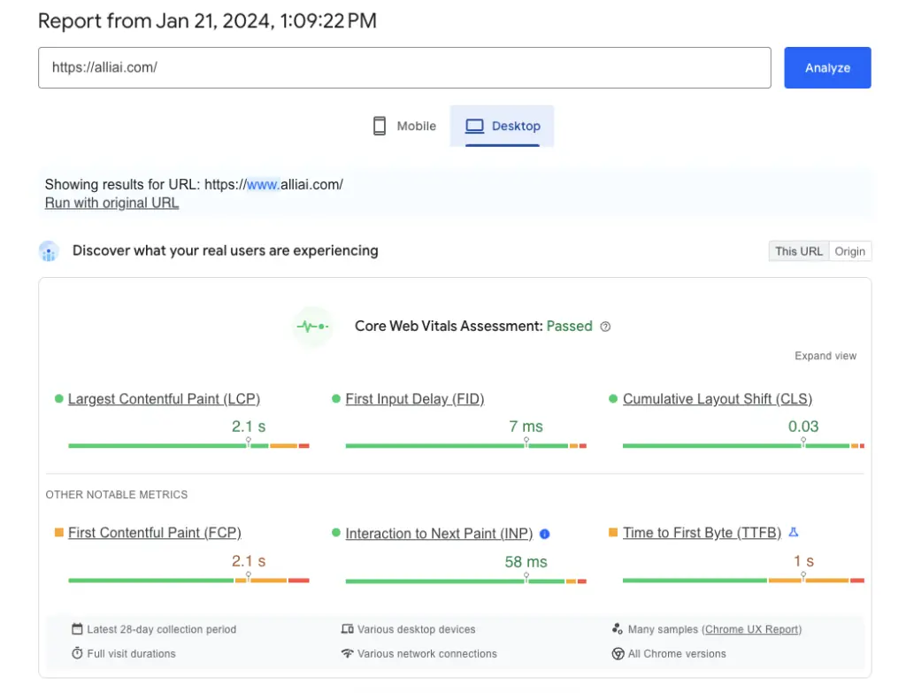 Screenshot Showing Core Web Vitals Assessment